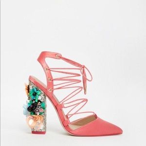 ASOS Pink Lace Up Embellished Heels